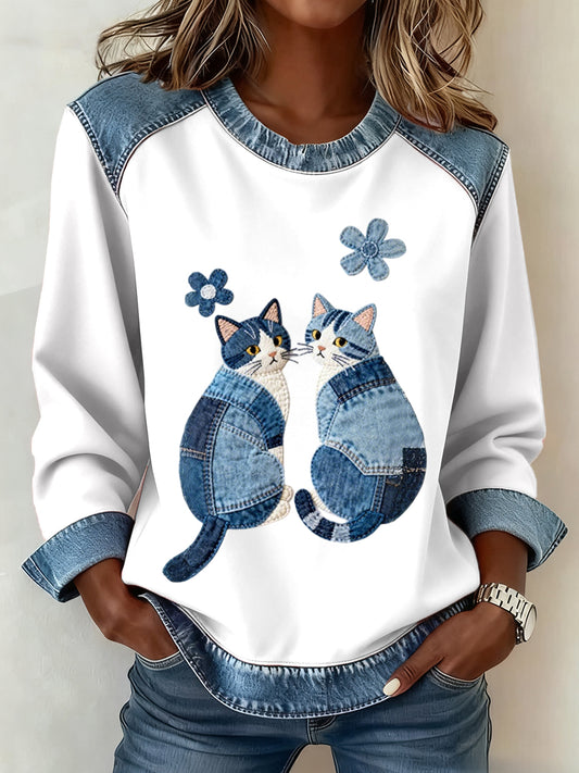 Women's Cute Cats Pattern Denim Patchwork Sweatshirt