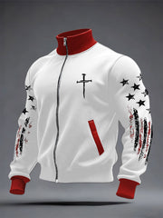 Men's Faith Cross Print Zipper Stand Collar Sweater