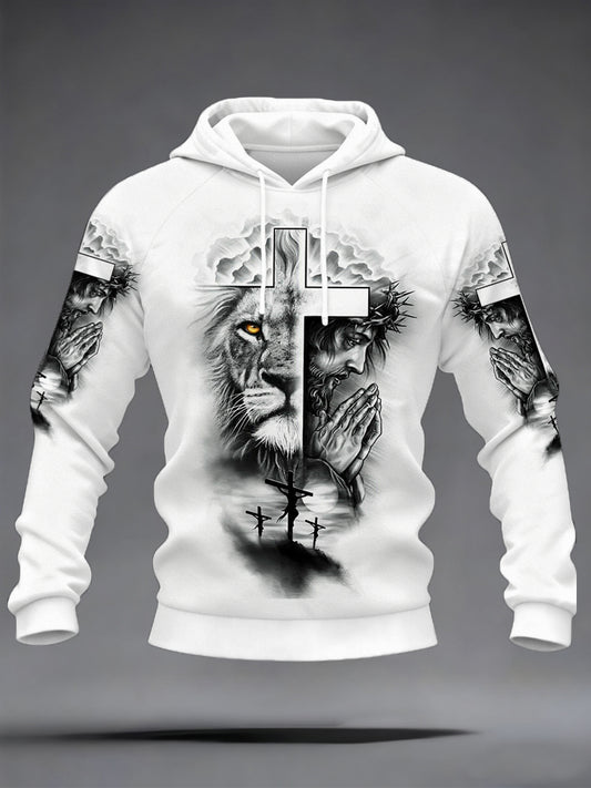 Men's Christian Jesus And Lion Cross Print Velvet Raglan Hoodie