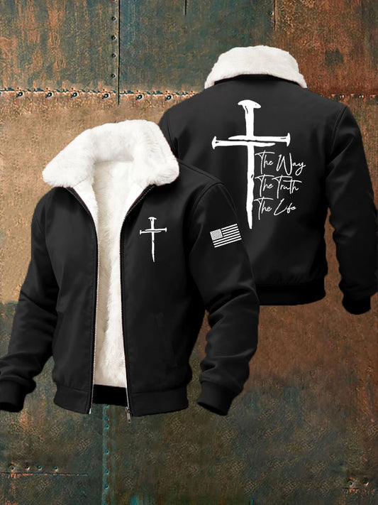 Men's Jesus The Way The Truth The Life Cross Fur Collar Zip-Up Jacket
