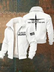 Men's Jesus The Way The Truth The Life Cross Fur Collar Zip-Up Jacket