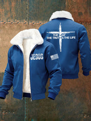 Men's Jesus The Way The Truth The Life Cross Fur Collar Zip-Up Jacket