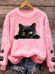 Women's Fun Animal Cat Printed Flannel Sweatshirt