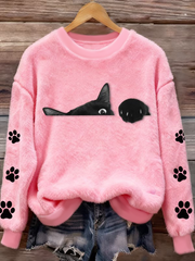 Women's Fun Animal Cat Printed Flannel Sweatshirt