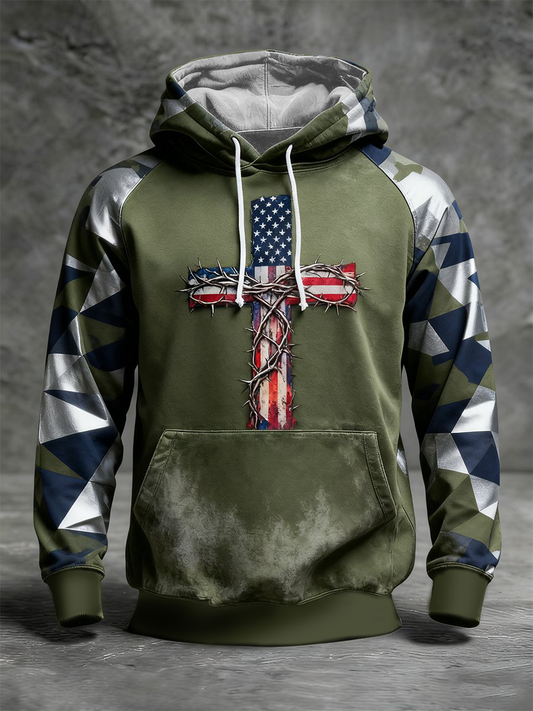 Men's Flag Cross Camouflage Oversized Drop-Shoulder Hoodie With Pockets