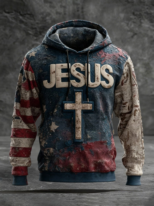 Men's Retro Faith Print Casual Hoodie
