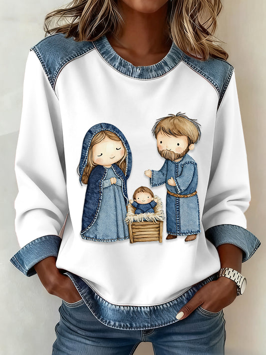 Women's Cute Nativity Scene Art Design Denim Patchwork Top