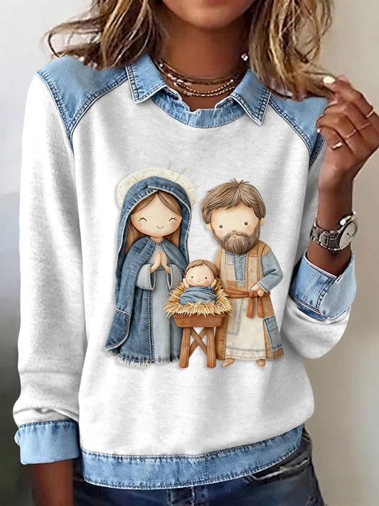 Women's Cute Nativity Scene Art Design Patchwork Top