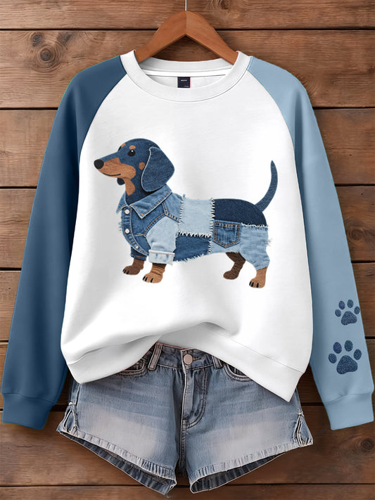 Women's Denim Patchwork Art Dachshund Dog Pattern Sweatshirt