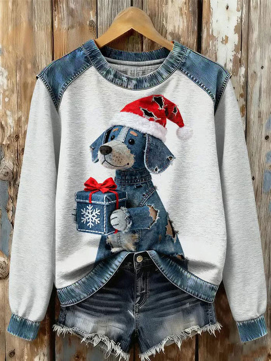 Women's Art Dog Denim Patchwork Sweatshirt