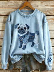 Women's Lovely Pug Dog Denim Patchwork Pattern Sweatshirt