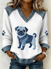 Women's Lovely Pug Dog Pattern Denim Patchwork V-Neck Top