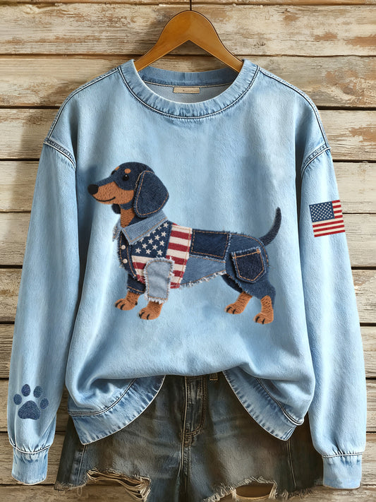 Women's American Flag Inspired Dachshund Dog Denim Patchwork Pattern Sweatshirt