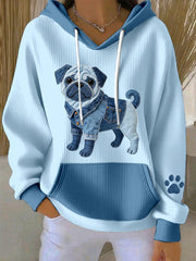 Women's Lovely Pug Dog Denim Patchwork Pattern Hoodie