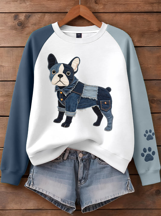 Women's Denim Patchwork Art French Bulldog Pattern Sweatshirt