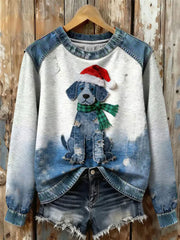 Women's Art Dog Denim Patchwork Sweatshirt