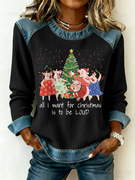 Women's All I Want For Christmas Is To Be Loud Denim Patchwork Top