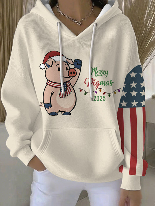 Women's Merry Pigmas 2025 Cute Pig Print Hoodie