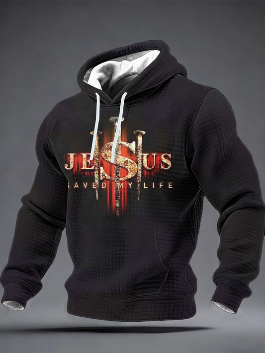 Men's Jesus Saved My Life Checkered Cotton Hoodie