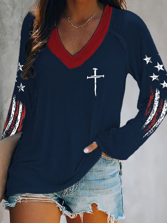 Women's Christian Cross Double Layer Neck Long Sleeve T-Shirt