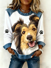 Women's Art Dog Denim Patchwork Sweatshirt