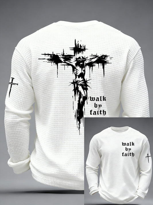 Men's Christian Walk By Faith Cross Print Waffle Long Sleeve T-Shirt