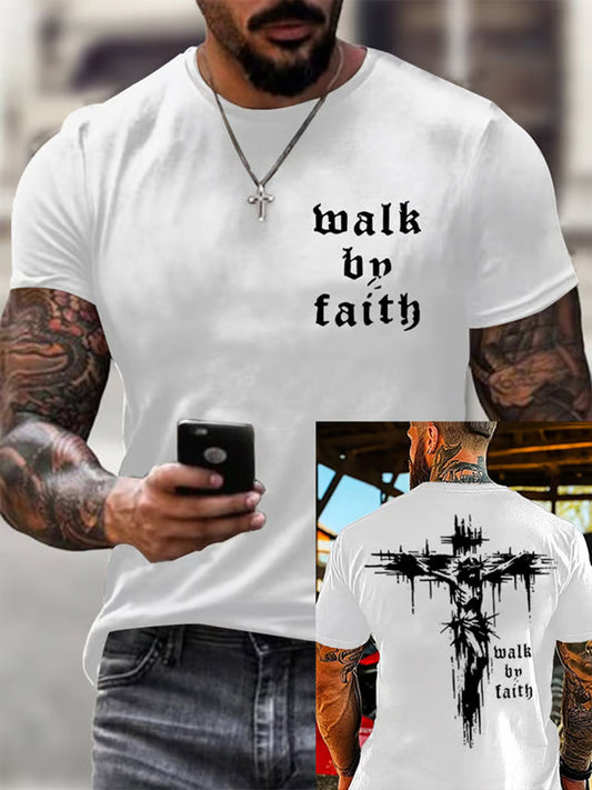 Men's Christian Walk By Faith Cross Print Short Sleeve T-shirt