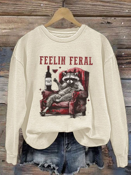 Women's Funny Raccoon Feelin' Feral Wine Quote Regular Sweatshirt