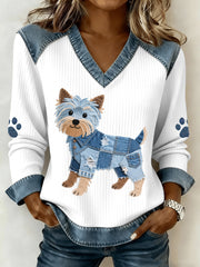Women's Lovely Yorkshire Terrier Dog Pattern Denim Patchwork V-Neck Top