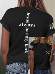 Women's Jesus Always Has My Back Cross Faith USA Flag Print Casual Tee