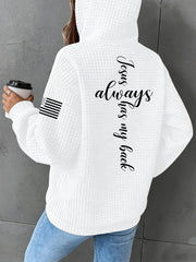 Women's Jesus Has My Back Cross Faith USA Flag Print Casual Waffle Hoodie