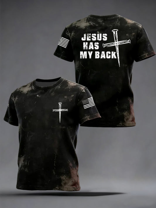 Men's Retro Jesus Has My Back Cross Faith USA Flag Print Casual Tee