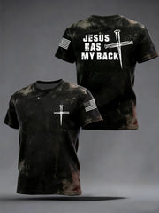 Men's Retro Jesus Has My Back Cross Faith USA Flag Print Casual Tee