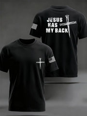 Men's Retro Jesus Has My Back Cross Faith USA Flag Print Casual Tee