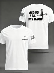 Men's Retro Jesus Has My Back Cross Faith USA Flag Print Casual Tee