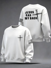 Men's Retro Jesus Has My Back Cross Faith USA Flag Print Casual Sweatshirt