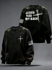 Men's Retro Jesus Has My Back Cross Faith USA Flag Print Casual Sweatshirt