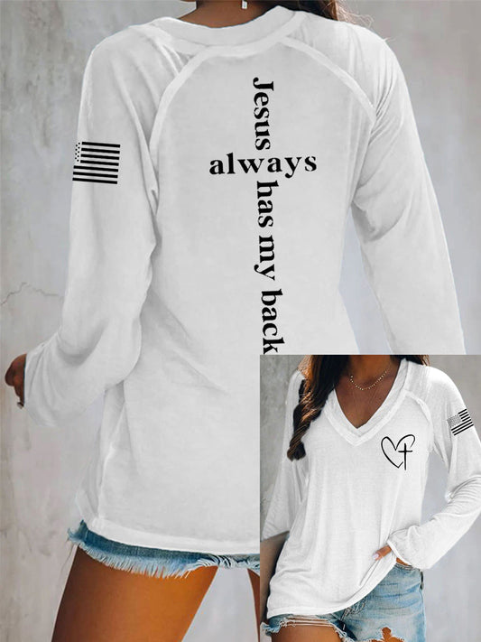 Women's Jesus Has My Back Cross Faith USA Flag Print Casual V-Neck T-Shirt