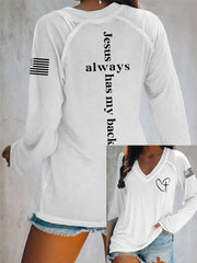 Women's Jesus Has My Back Cross Faith USA Flag Print Casual V-Neck T-Shirt