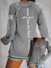 Women's Jesus Has My Back Cross Faith USA Flag Print Casual V-Neck T-Shirt