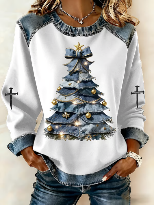 Women's Christmas tree Denim Patchwork Top