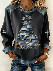 Women's Christmas tree Denim Patchwork Top