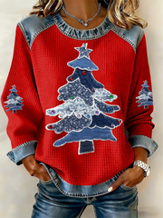Women's Christmas tree Denim Patchwork Top