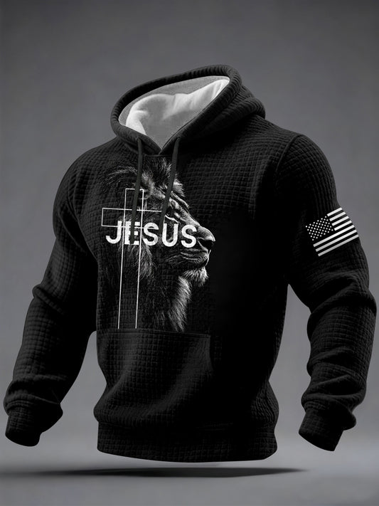 Men's Jesus Lion Print Casual Checkered Hoodie