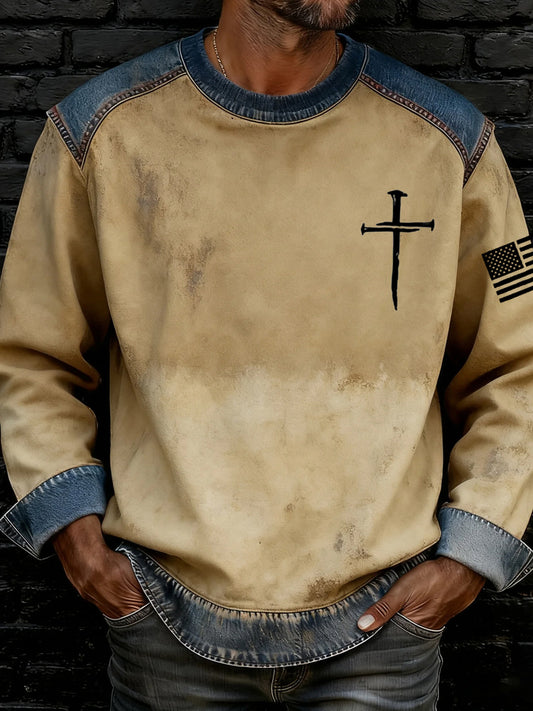Men's Faith Cross Printed Denim Patchwork  Sweatshirt