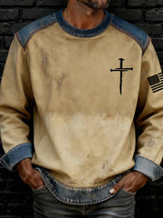 Men's Faith Cross Printed Denim Patchwork  Sweatshirt
