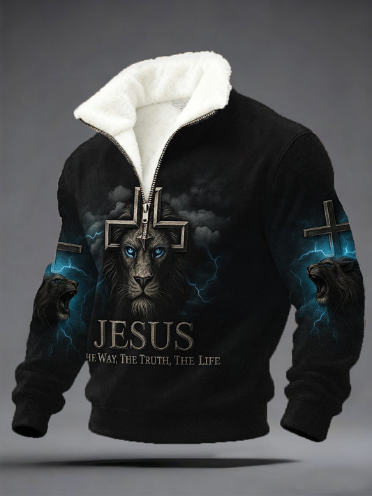 Men's Jesus The Way The Truth The Life Lion Print Casual Plush Zipper Pullover