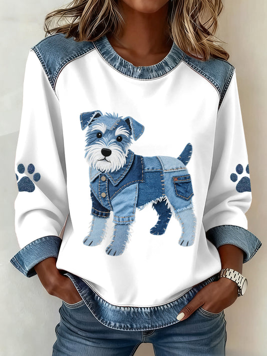 Women's Lovely Schnauzer Dog Pattern Denim Patchwork Sweatshirt