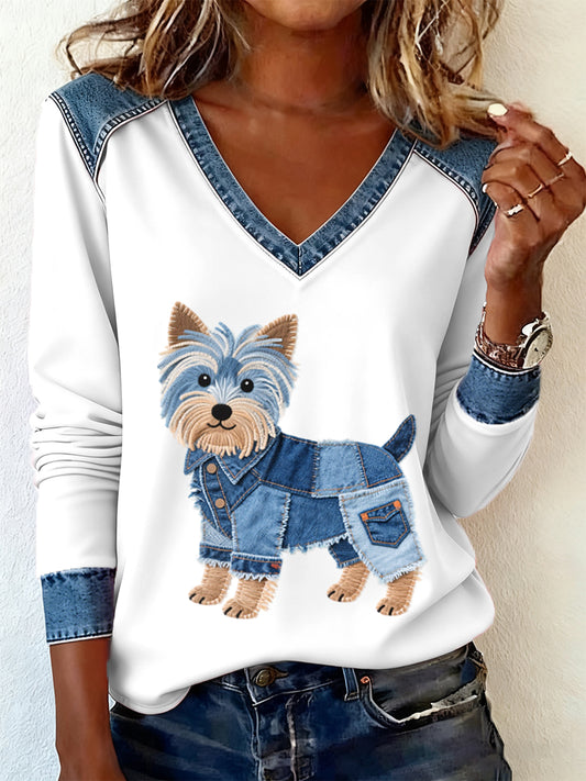 Women's Denim Patchwork Art Yorkshire Terrier Dog Pattern V-neck Long Sleeve T-Shirt