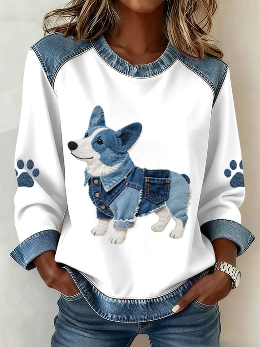 Women's Lovely Corgi Dog Pattern Denim Patchwork Sweatshirt